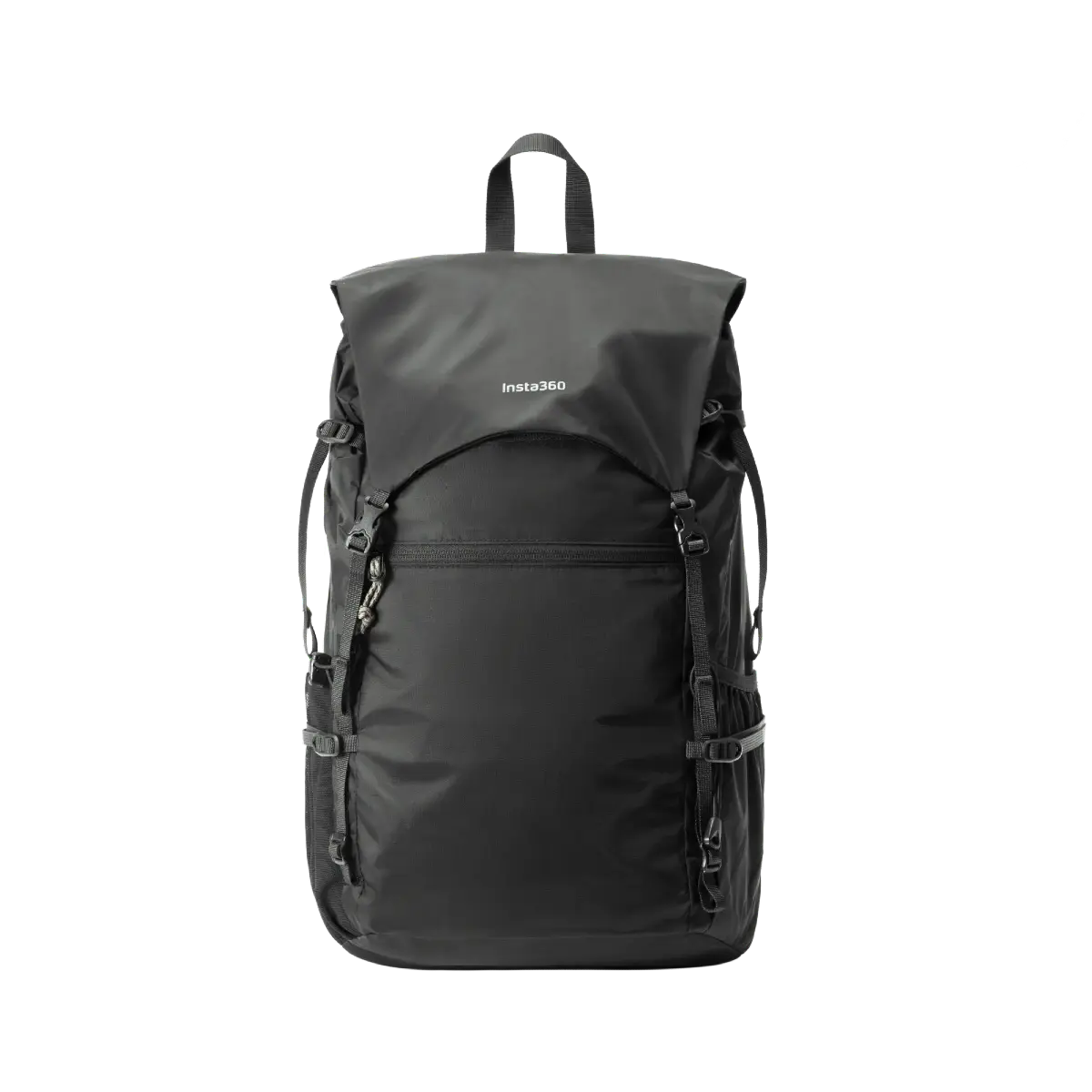 Black backpack with 'Insta360' branding on a white background