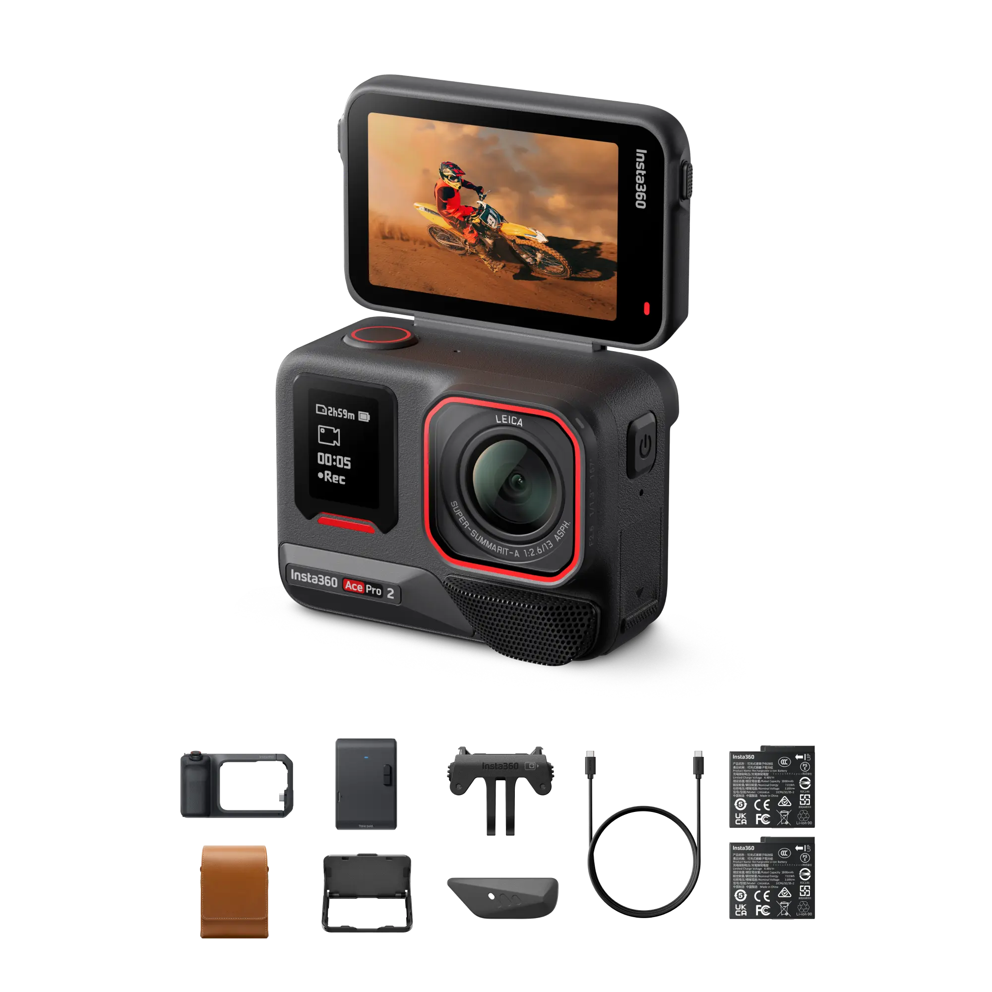 Action camera with accessories on a white background