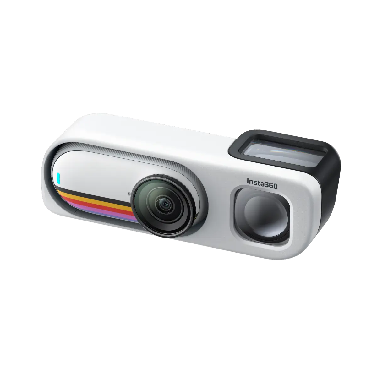 White action camera with black accents on a white background