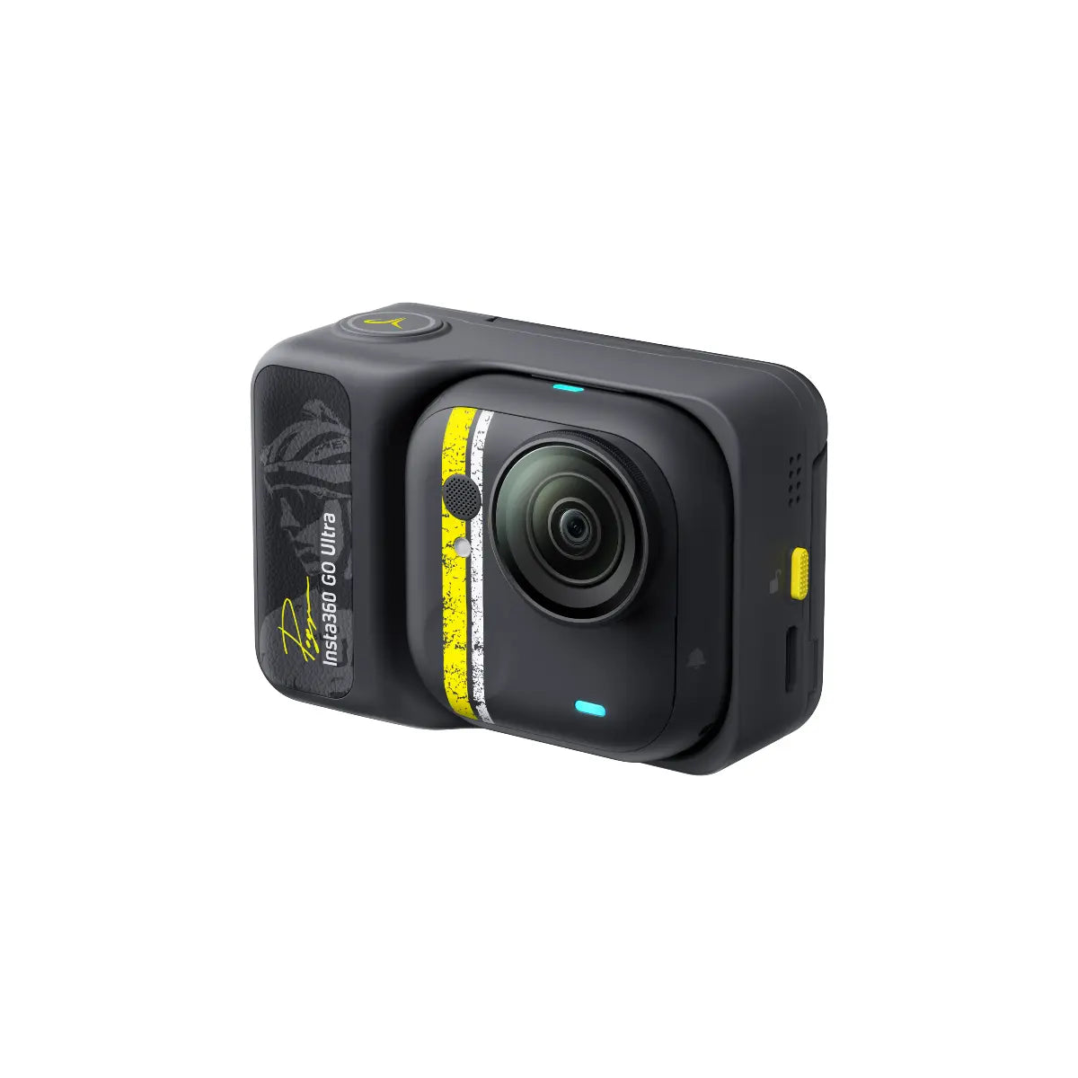 Action camera with a black and yellow design on a white background