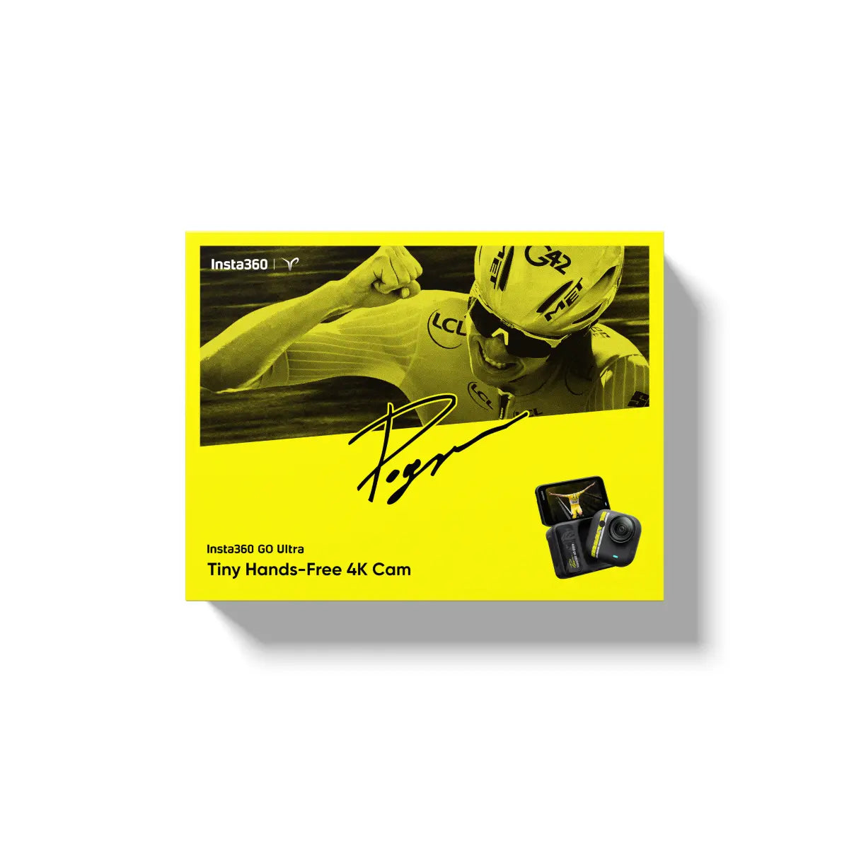 Product packaging for Insta360 GO Ultra camera with a cyclist wearing a helmet on a yellow background.