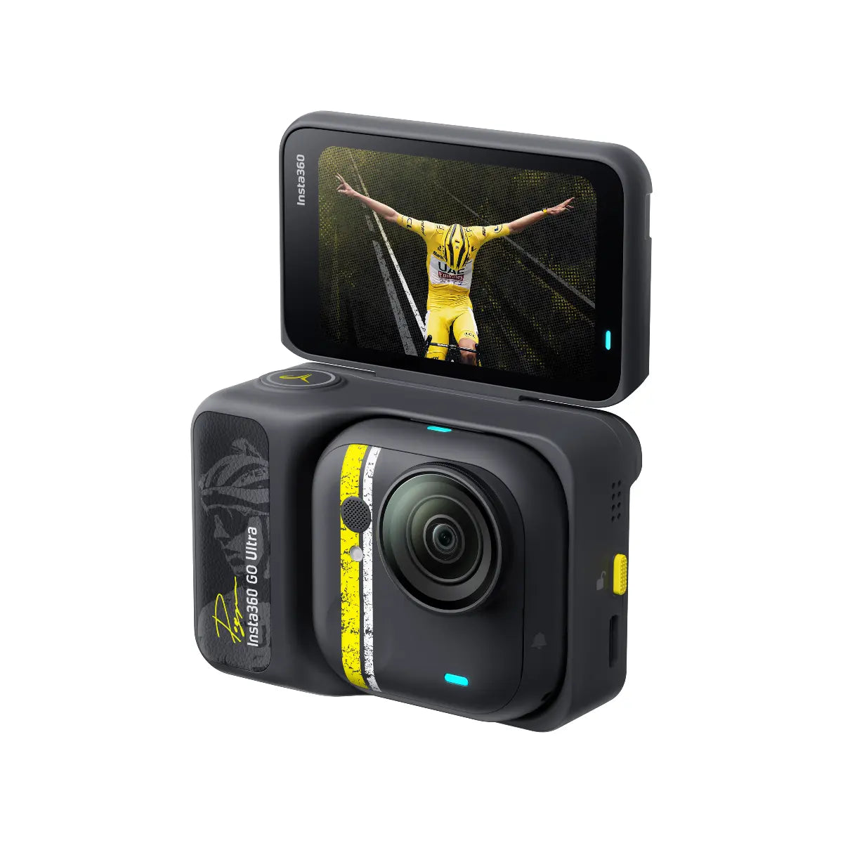 Action camera with a screen displaying a person in a yellow outfit on a white background