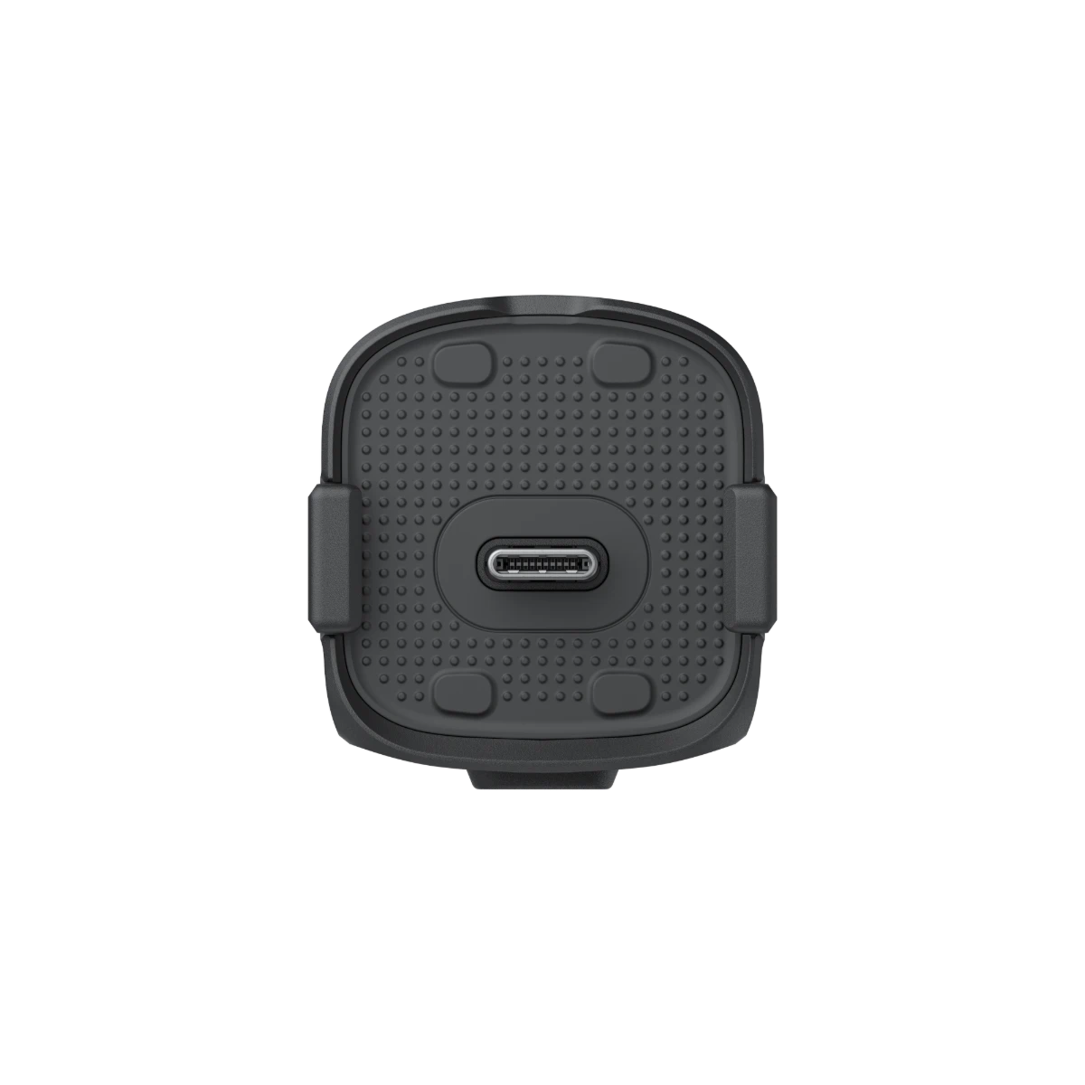Black phone mount with USB-C port on a white background