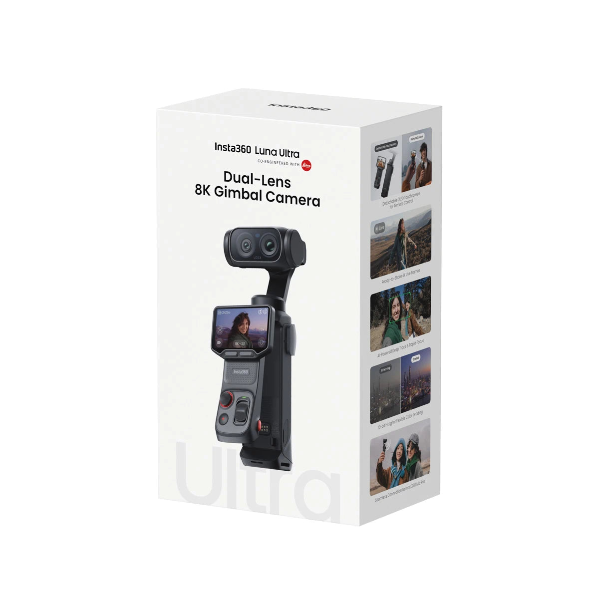 Box of Insta360 Luna Ultra Dual-Lens 8K Gimbal Camera on a white background