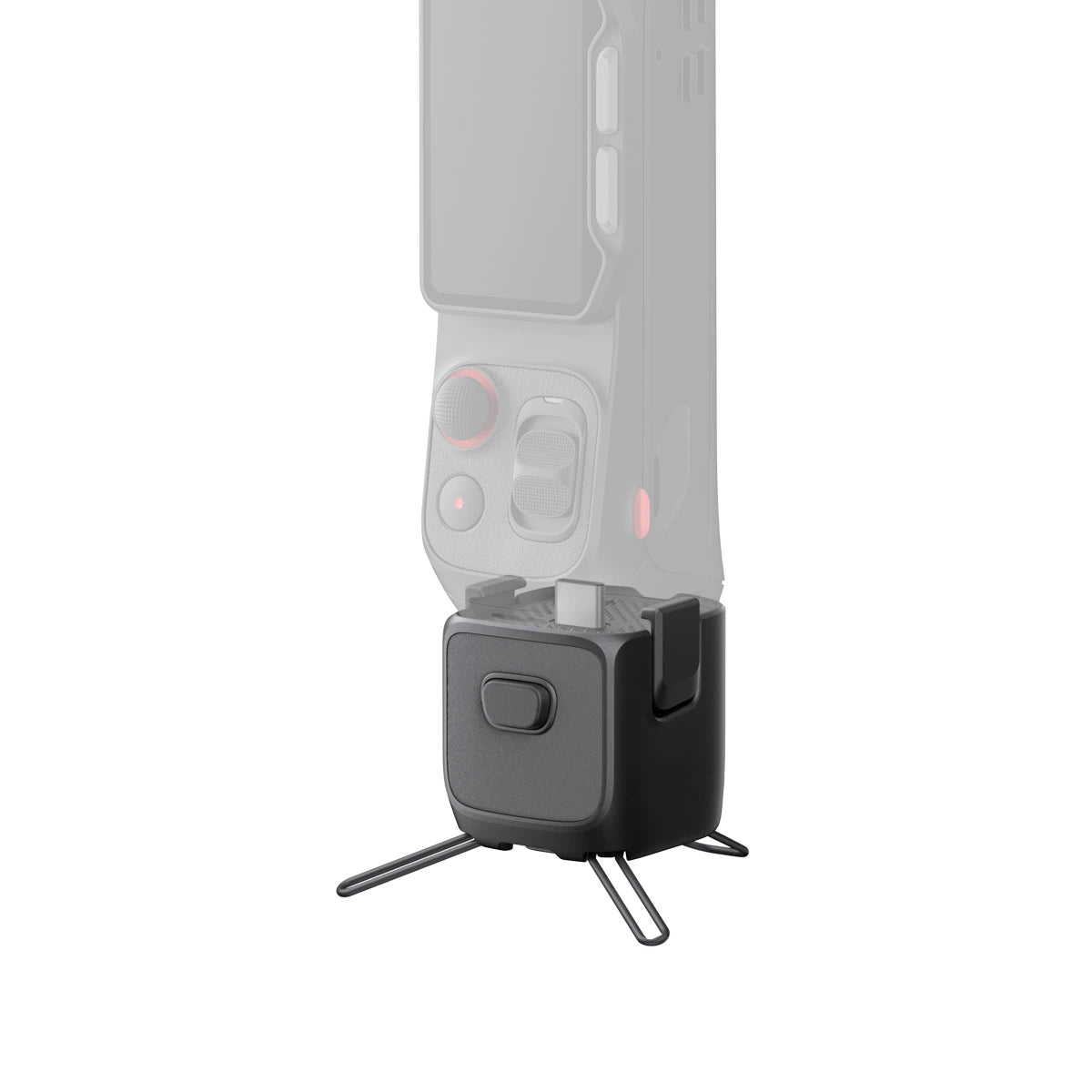 Black stand with a gray electronic device on a white background