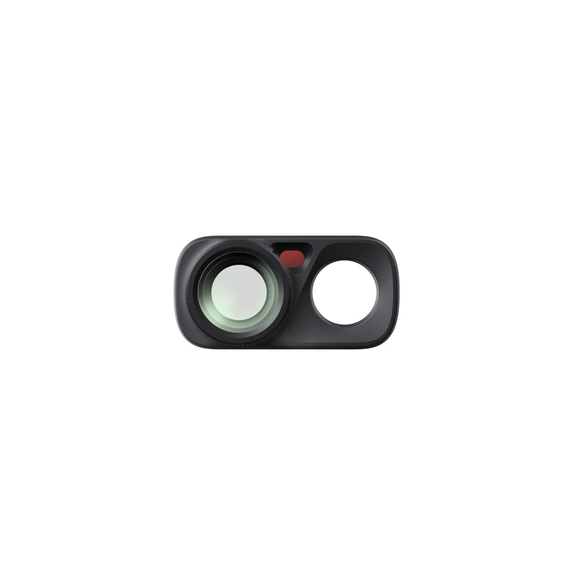 Black camera lens cover with a red button on a white background