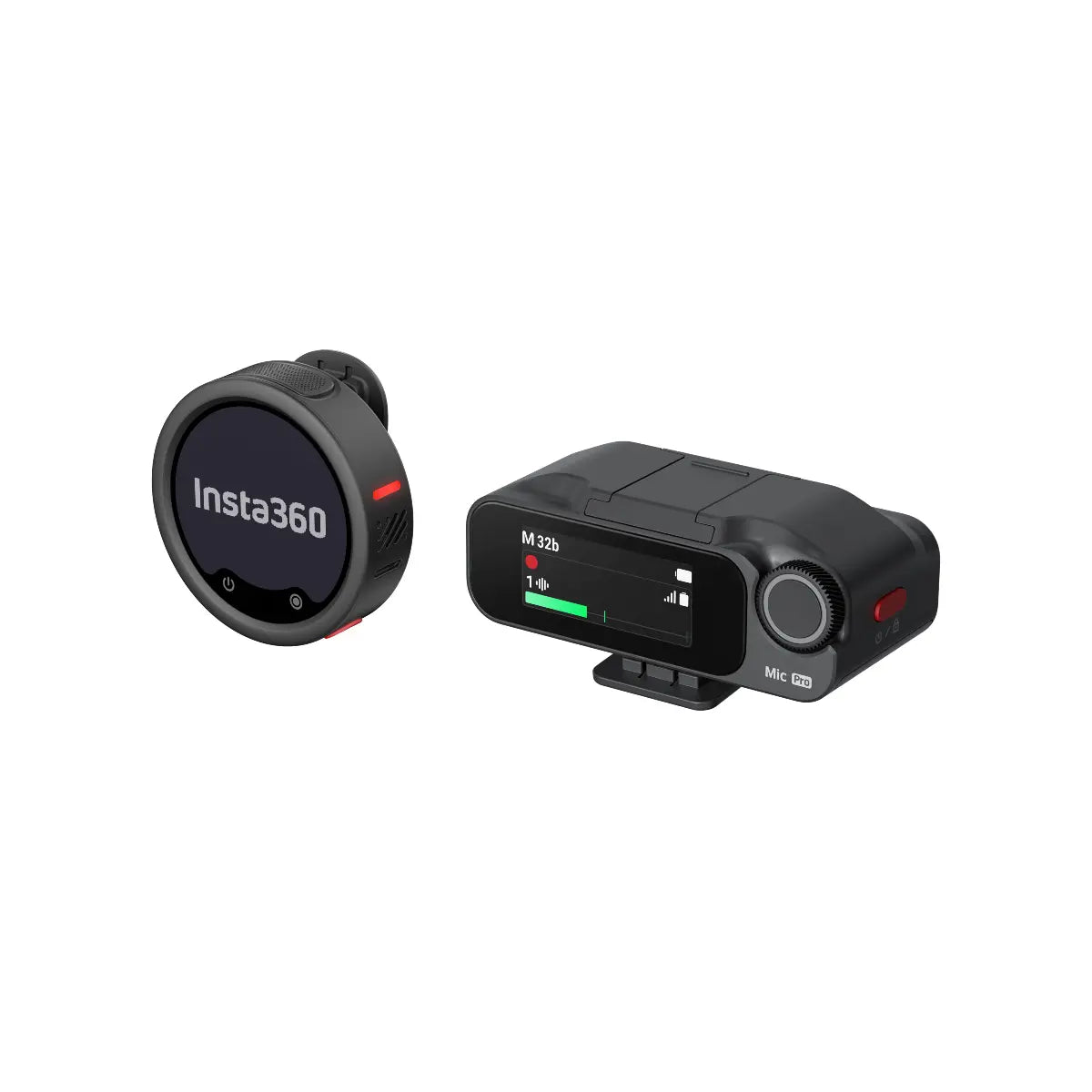 Two black action cameras with 'Insta360' branding on a white background