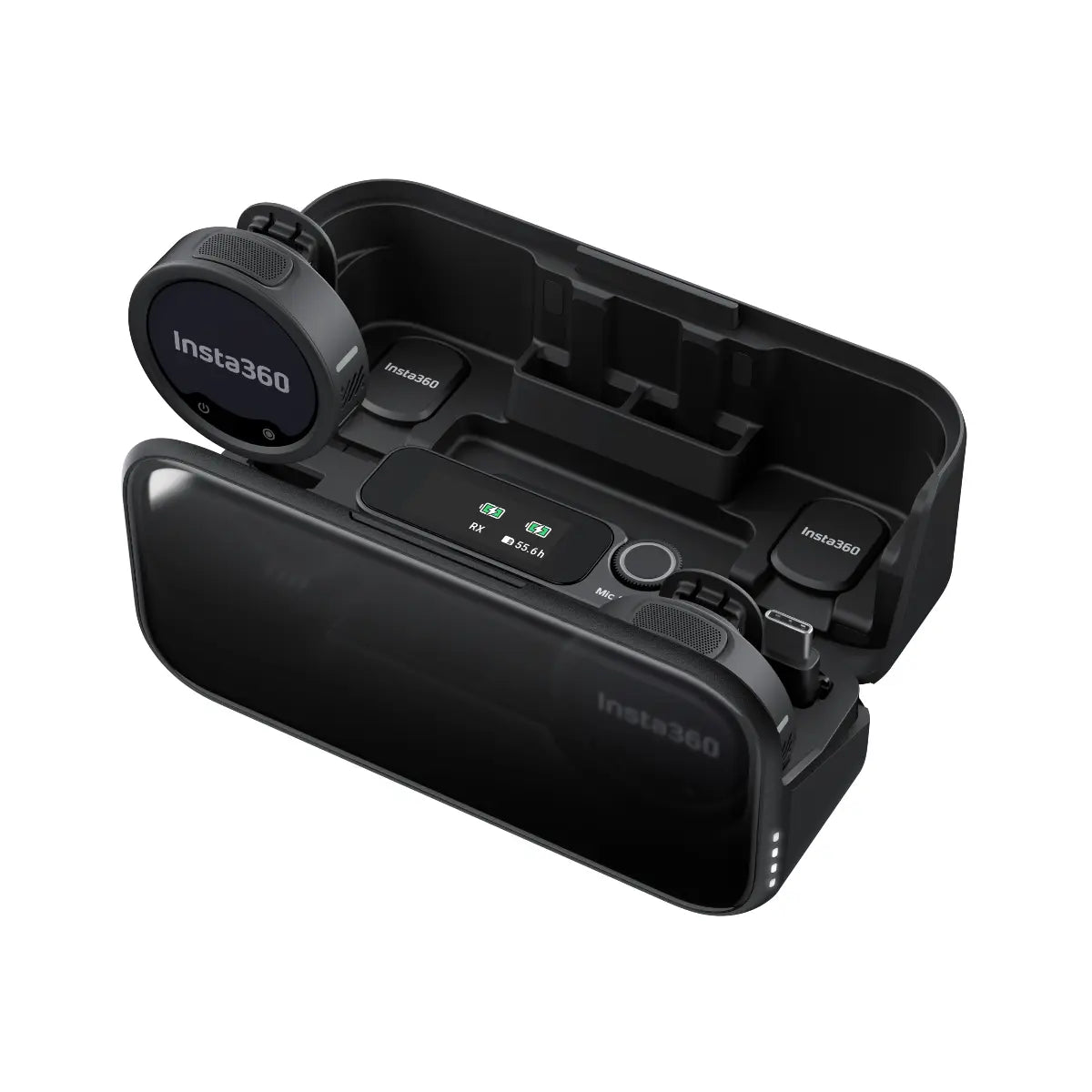 Insta360 device with charging station on a white background