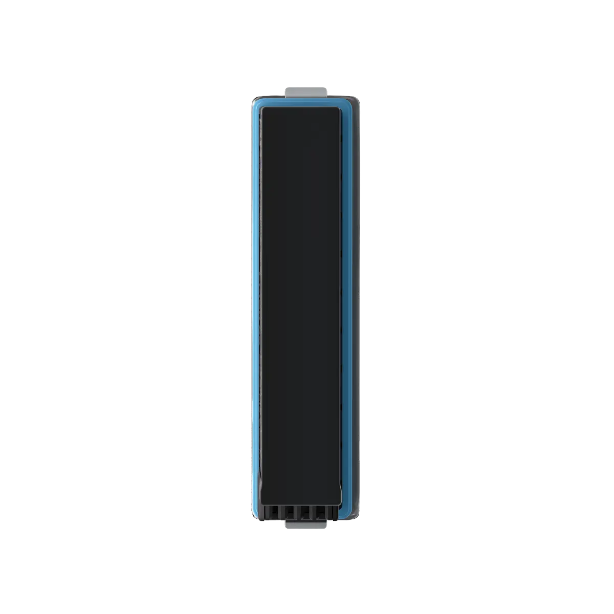 Black rectangular battery with blue accents on a white background