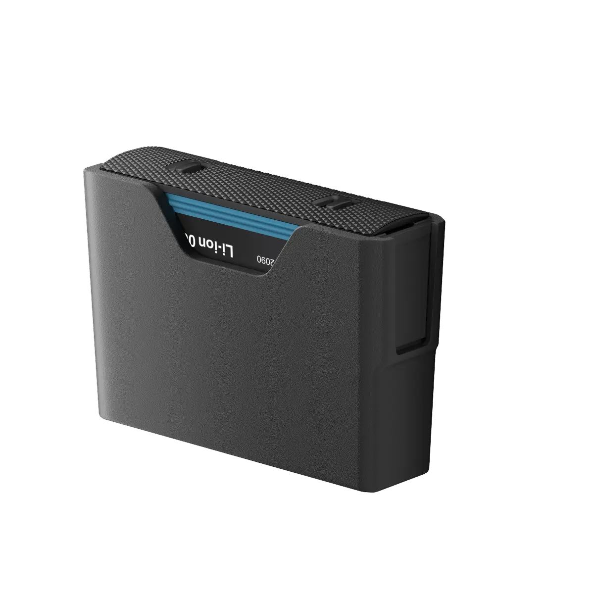 Black portable battery pack with text on a white background