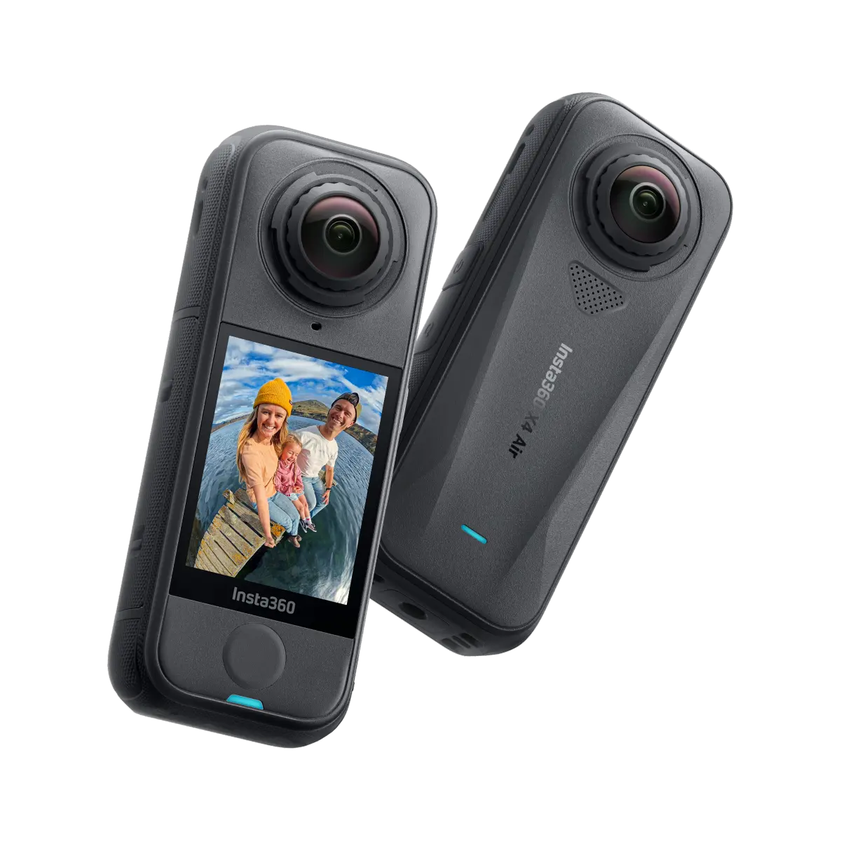 360-degree camera with screen displaying a family photo on a white background