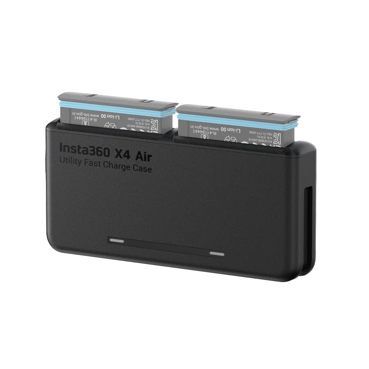 Black 'Insta360 X4 Air' utility fast charge case with two batteries on a white background