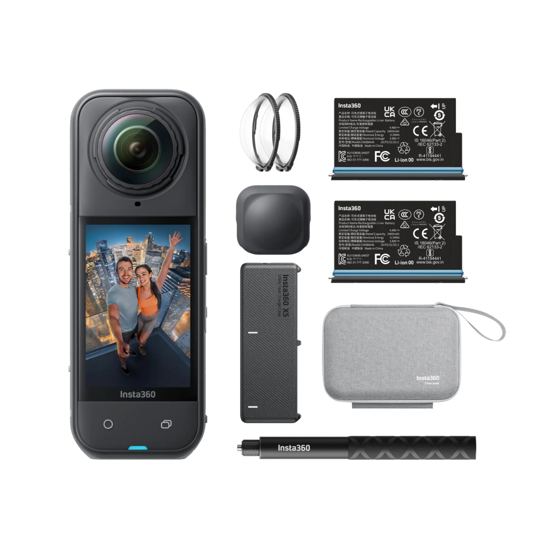 An Insta360 X5 360º camera with its accessories, including a carry case, USB Type-C cable, lens cleaning cloth, and microphone cleaning stickers.