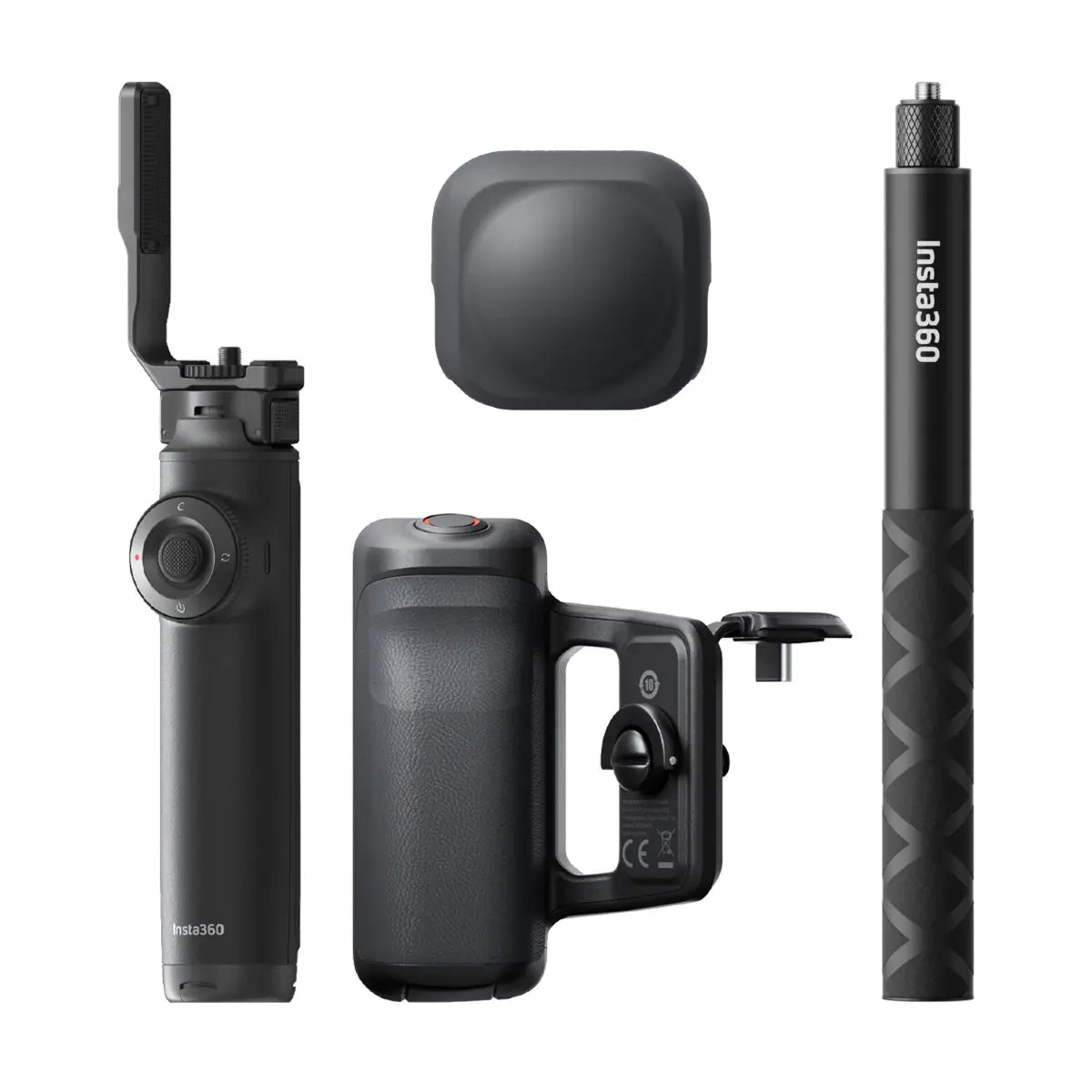 Collection of black camera accessories on a white background