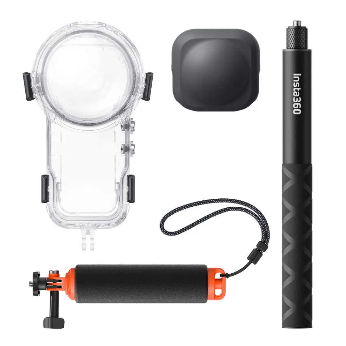 Collection of underwater photography accessories including a lens cover, float, and stabilizer on a white background.