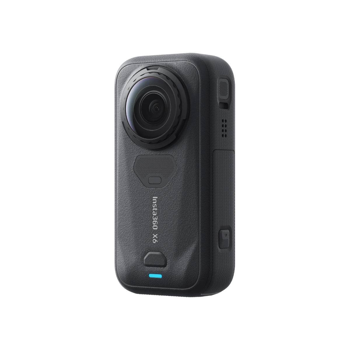 A black Insta360 X6 action camera shown from the rear three-quarter view against a solid white background.