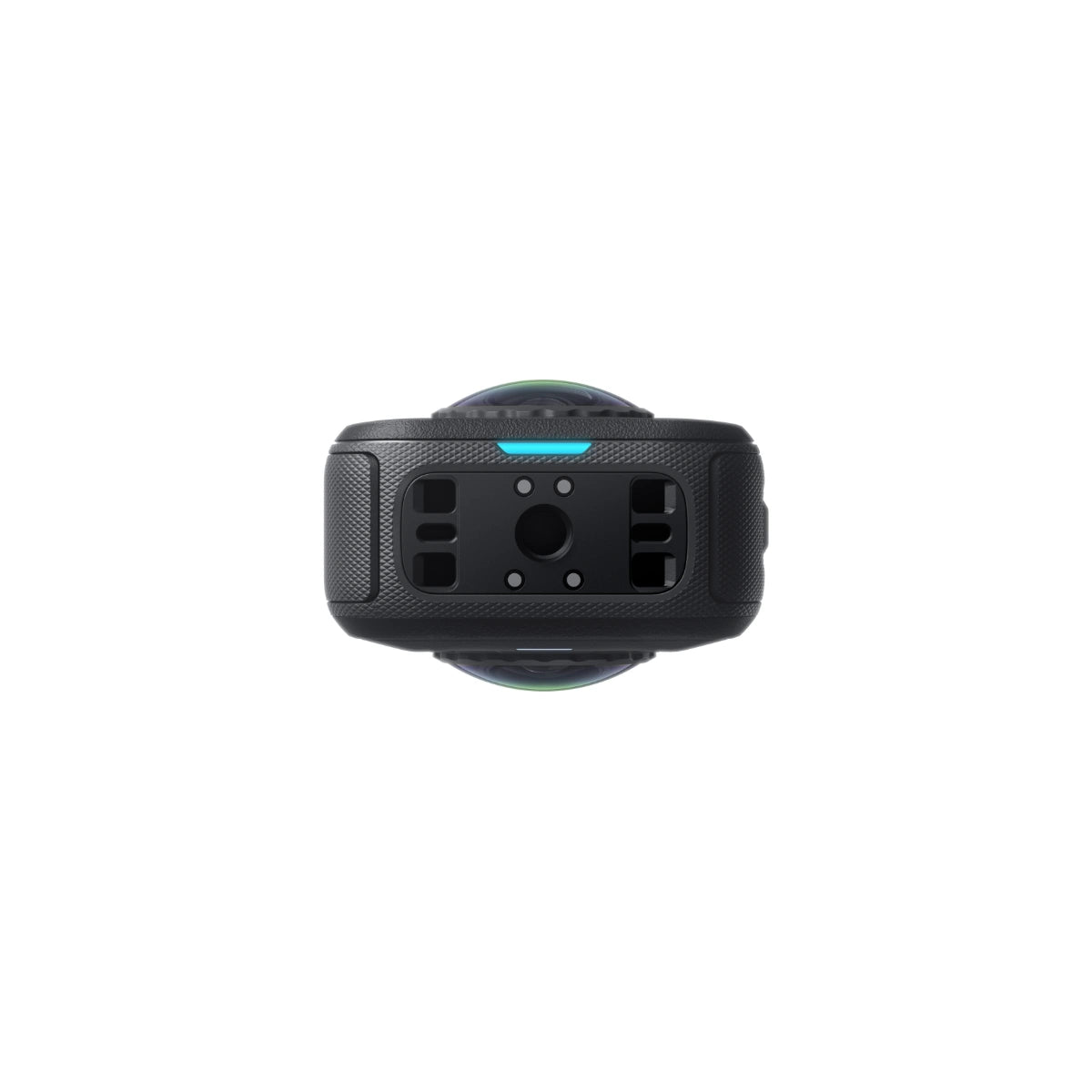 A black 360-degree action camera featuring two lenses and a tripod threat mounting point, shown from a top down angle against a plain white background.