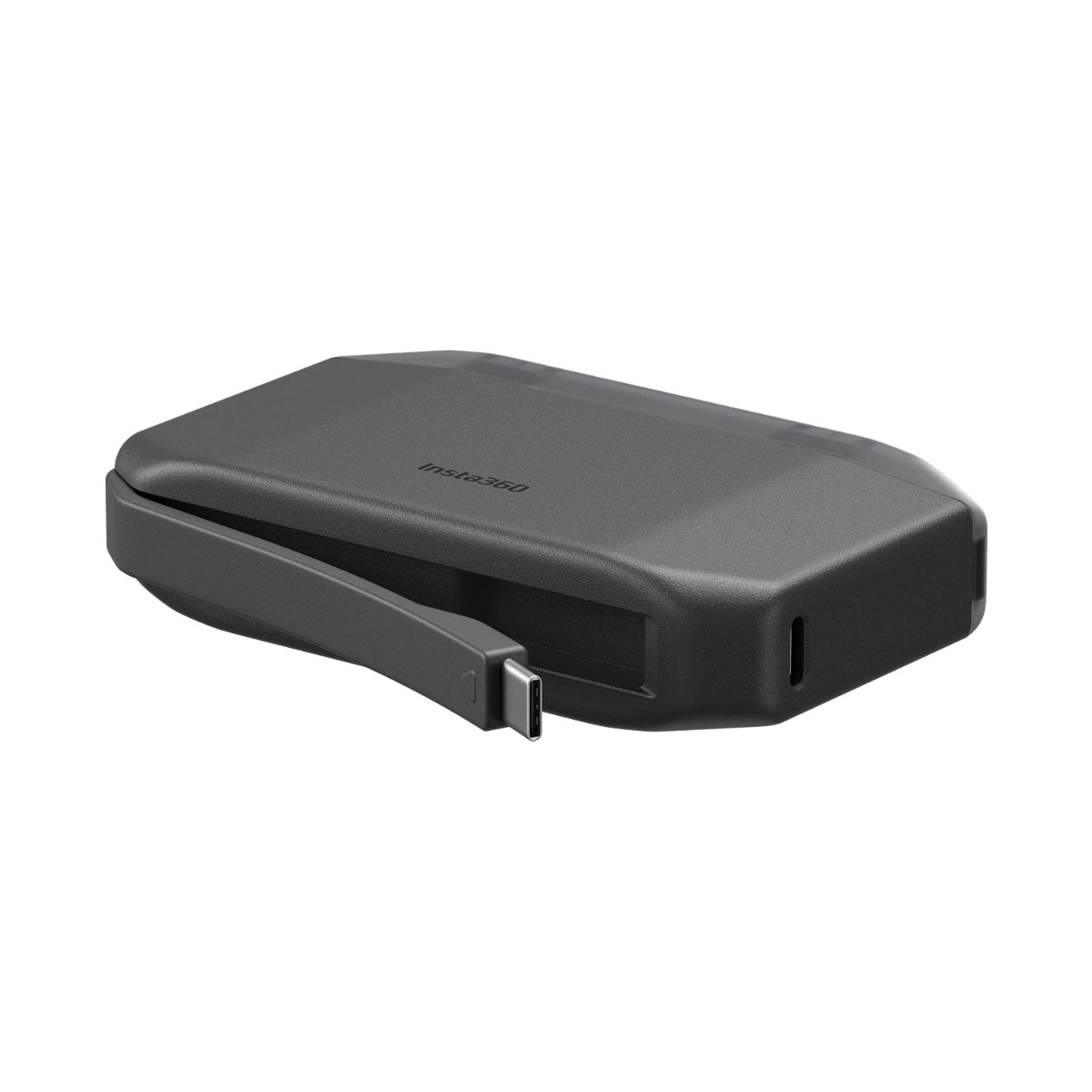 A black Insta360 portable battery pack with its lid closed and charging cable pulled out, shown from a three quarter angle on a solid white background.