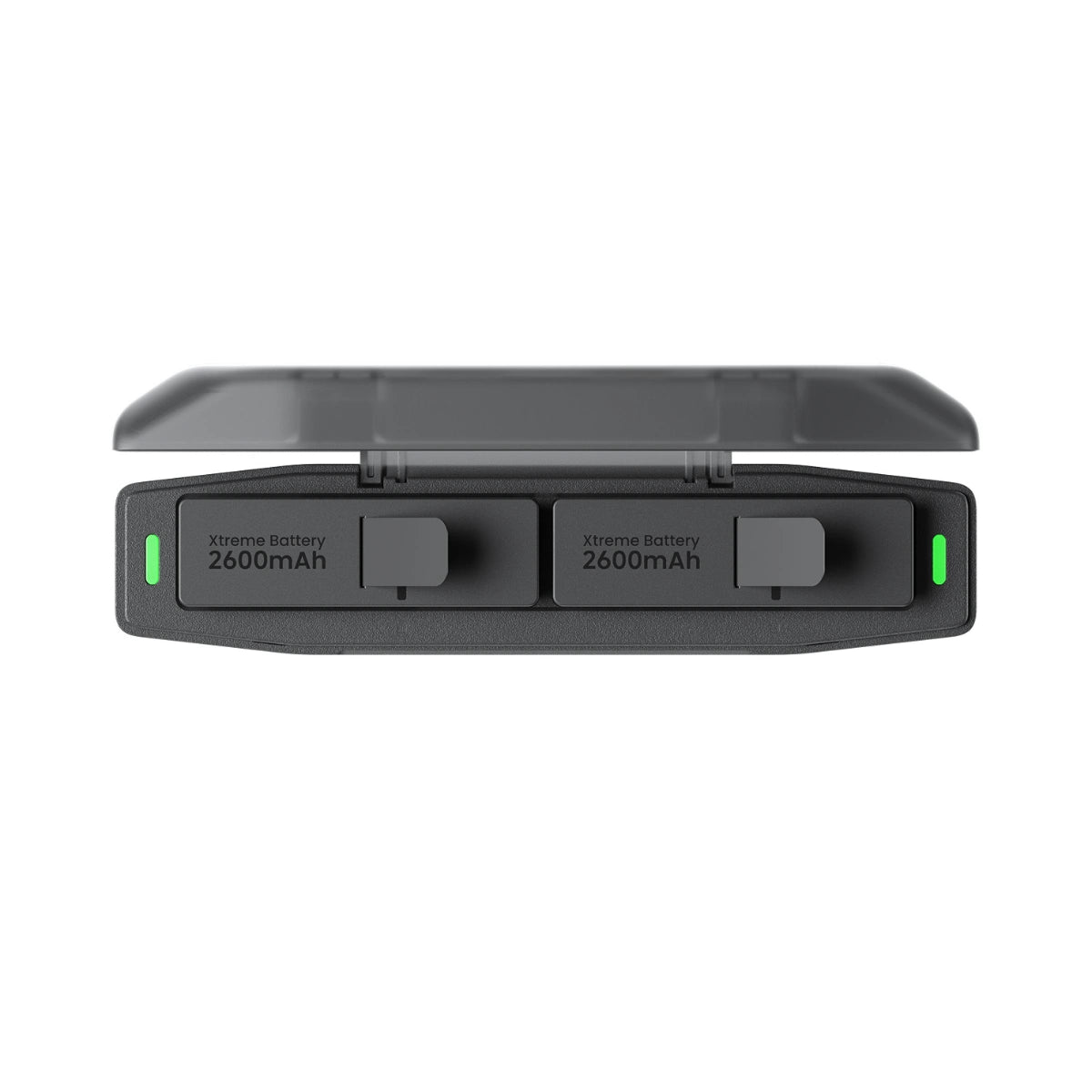 A black Insta360 portable battery pack with its lid open, showing internal compartments and small green LED indicator lights, shown from a top angle on a solid white background.