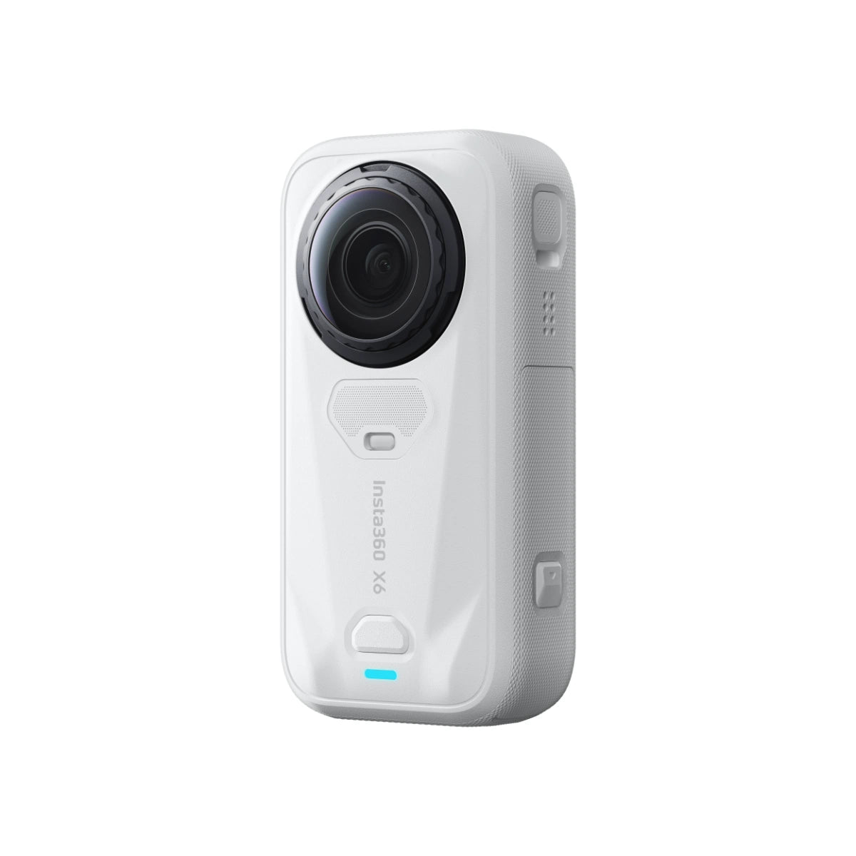 A white Insta360 X6 action camera with a prominent circular front lens and textured side buttons, shown on a solid white background.