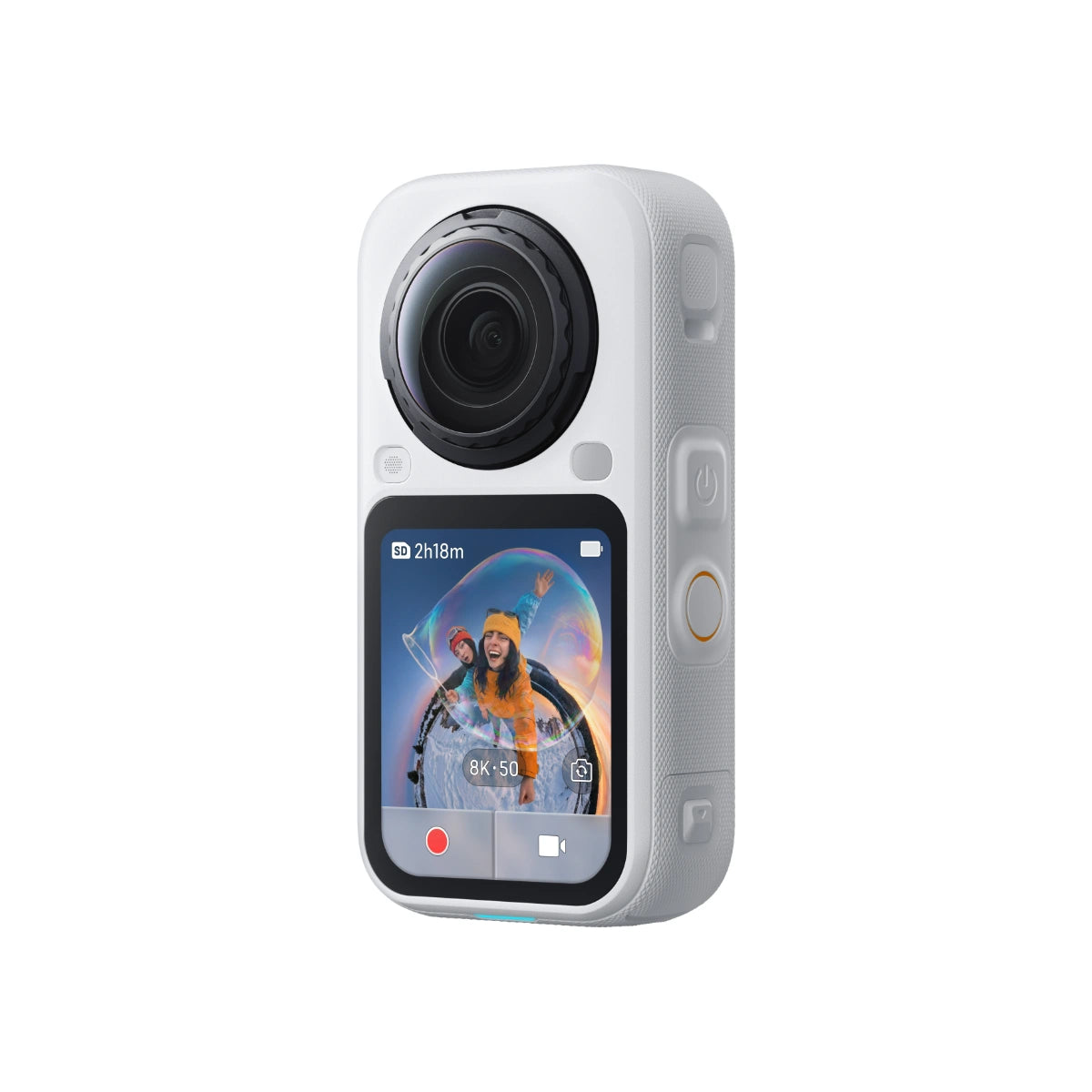 A white action camera with a large front lens and a color display screen showing a selfie, set against a plain white background.