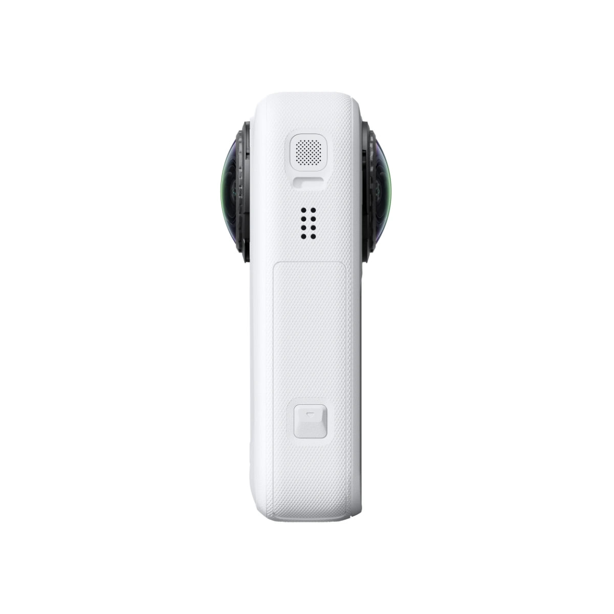 A white handheld action camera shown from the back, featuring dual black lenses, a textured grip panel, a speaker grille, and a power button on a solid white background.