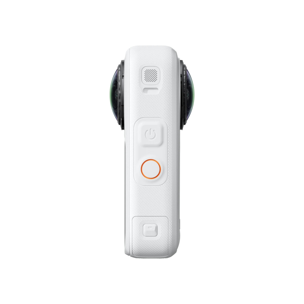 A white handheld action camera with a textured grip, featuring a prominent orange circular button, power button, and other controls on the front face, shown against a plain white background.