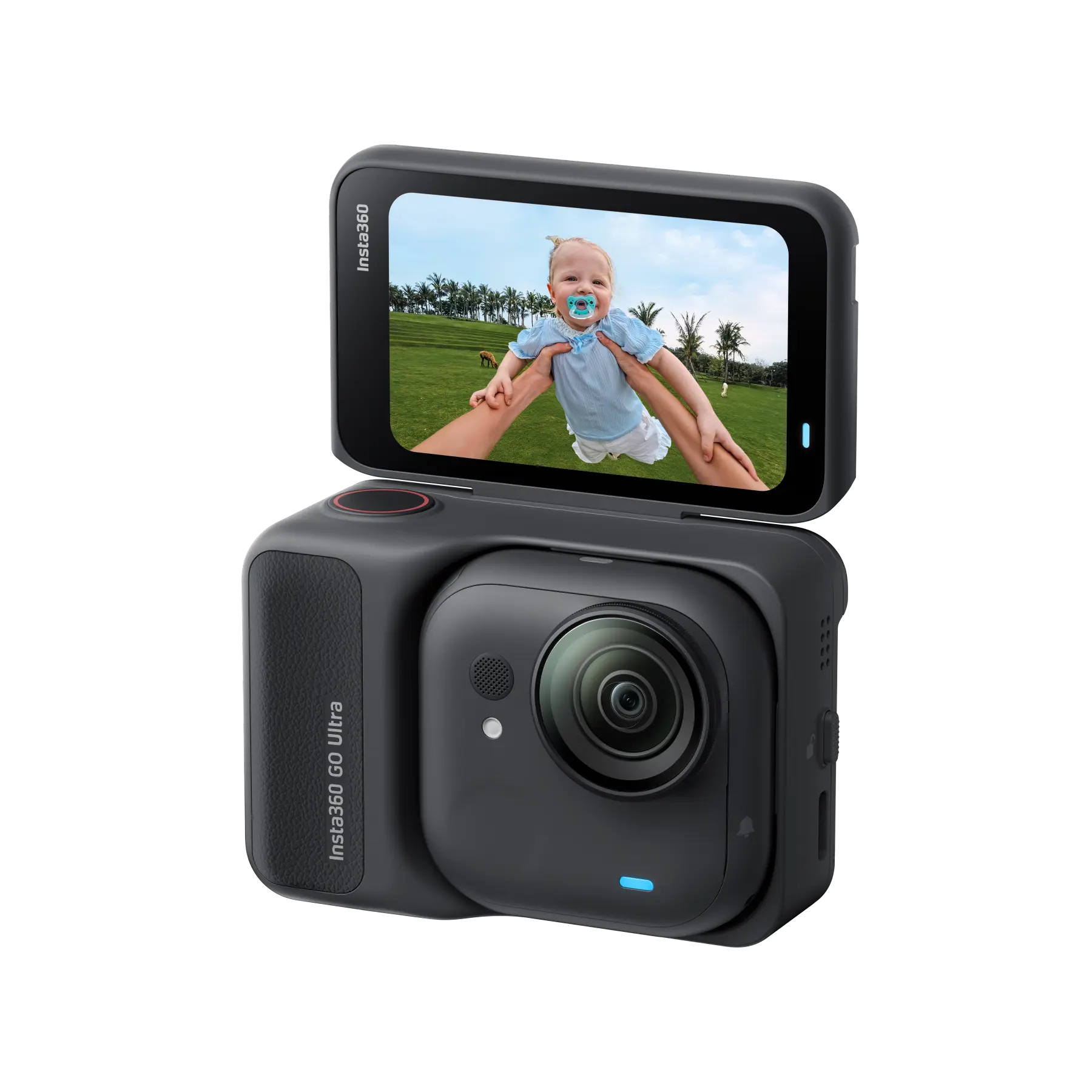 Smart camera with screen displaying a baby being held, on a white background