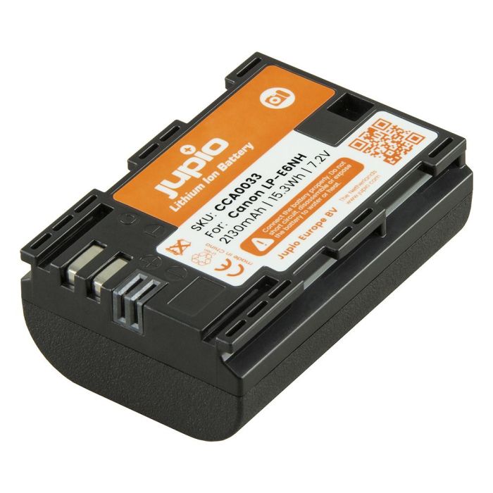 A black Jupio Canon LP-E6NH 7.2V 2130mAh Battery with orange and white label.