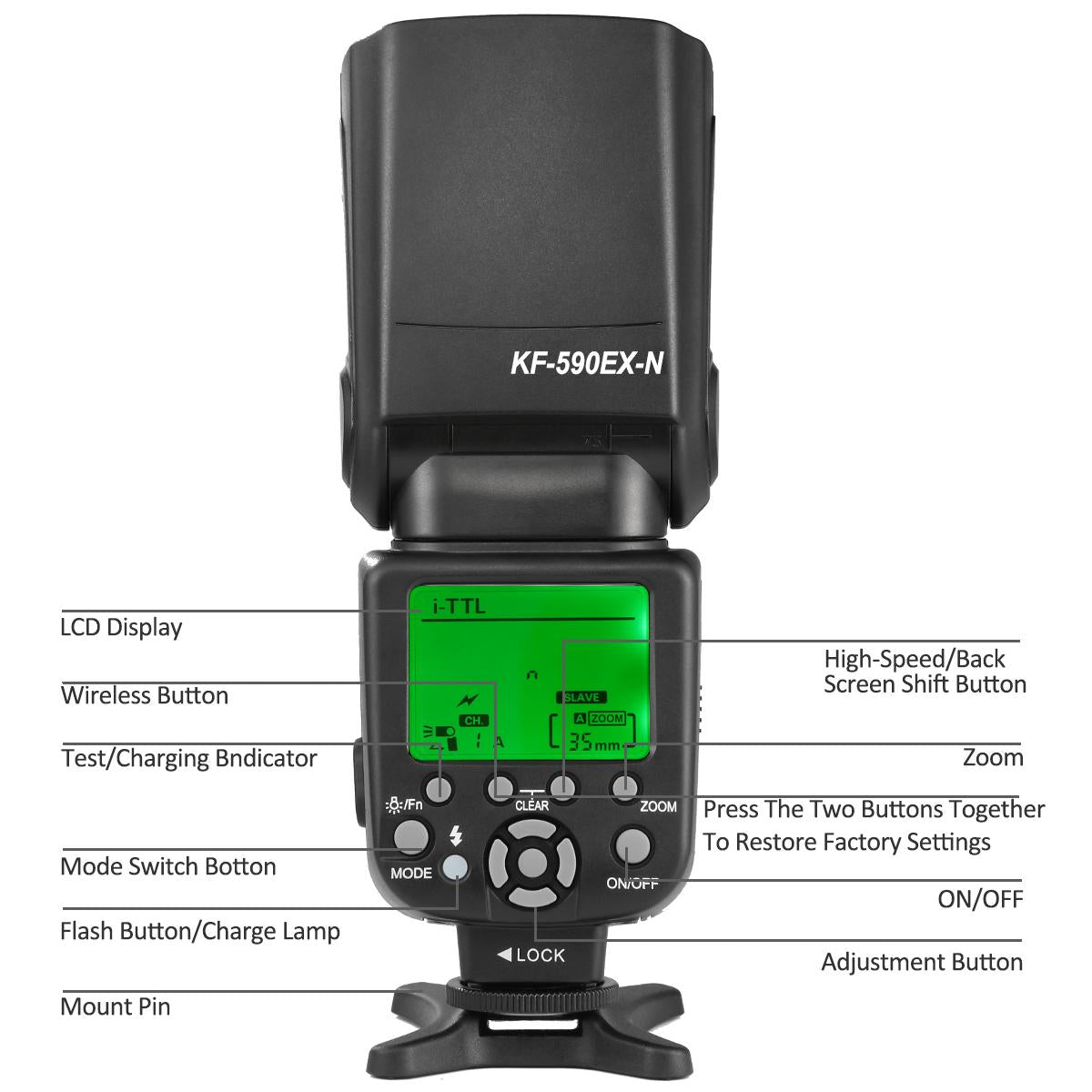 K&F Concept 590N I-TTL Flash for Nikon GN56 Auto-Focus Wireless Slave