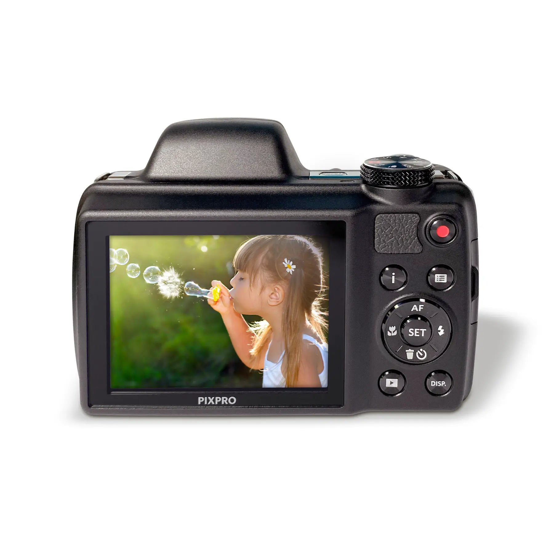 Digital camera with a screen displaying a young girl blowing bubbles, branded 'PIXPRO'.
