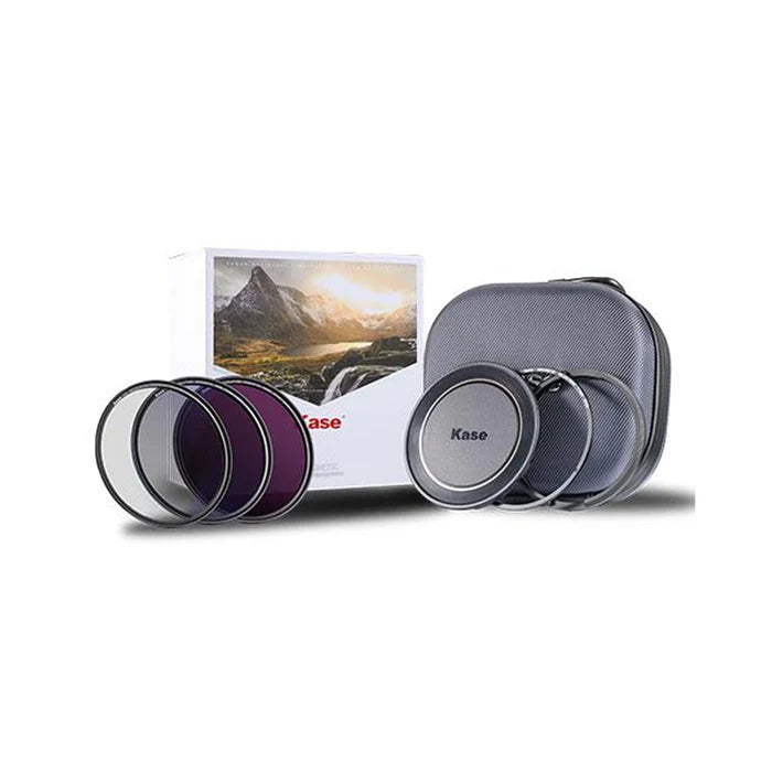 Camera lens filters and case with Kase branding on a white background