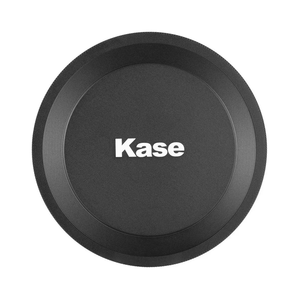 Black camera lens cap with 'Kase' branding on a white background