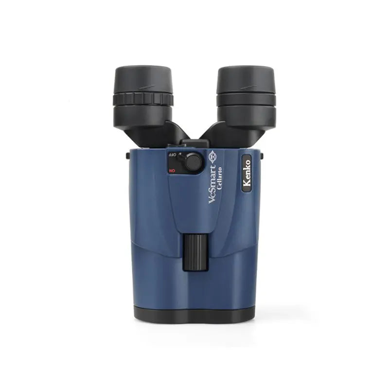 Blue binoculars with black lenses on a white background