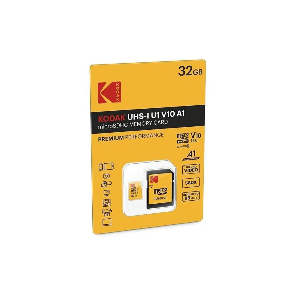 Kodak 32GB microSDHC memory card packaging on a white background