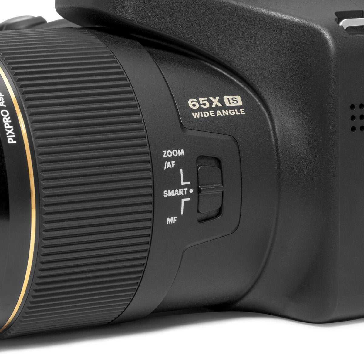 Close-up of a black camera lens with white text reading '65X FS WIDE ANGLE' and a switch labeled 'ZOOM AF', 'SMART+', and 'MF'.