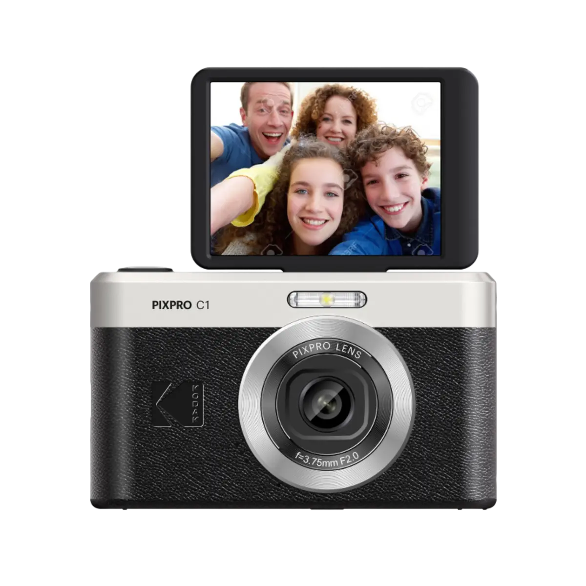 Digital camera with a screen displaying a family photo on a white background