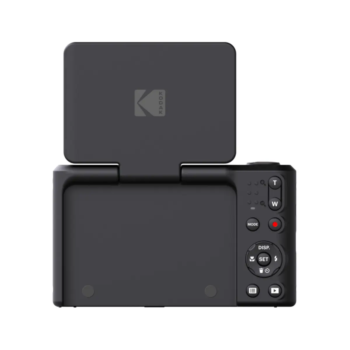 Black camera with open lid displaying a screen, featuring the Kodak logo.