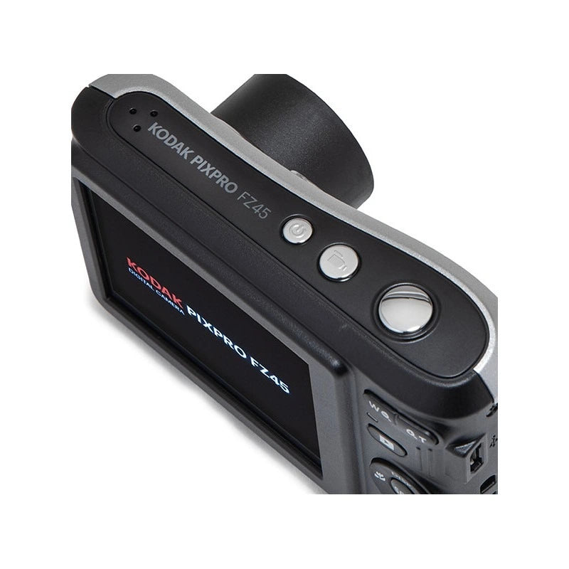 Close-up of a Kodak Pixpro FZ45 digital camera body showing the top control buttons and part of the rear LCD screen on a white background.