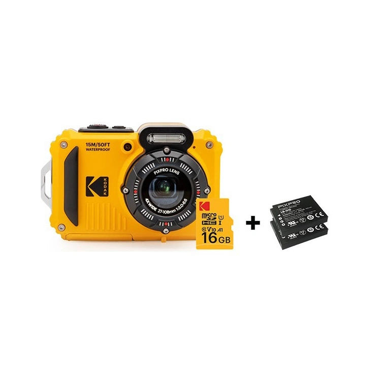 A yellow and black waterproof compact camera shown with a 16GB microSD card and two black batteries on a plain white background.