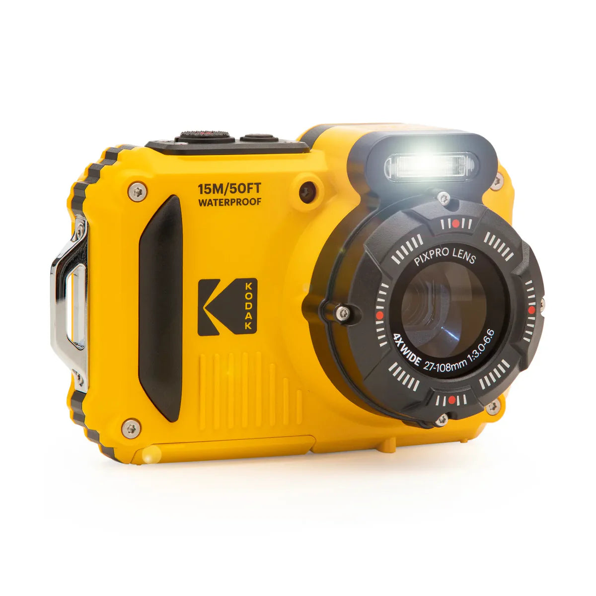 A yellow and black waterproof action camera with a prominent front lens ring, shown on a clean white background. The camera features the Kodak logo and text indicating '15M/50FT WATERPROOF' and 'PIXPRO LENS'.