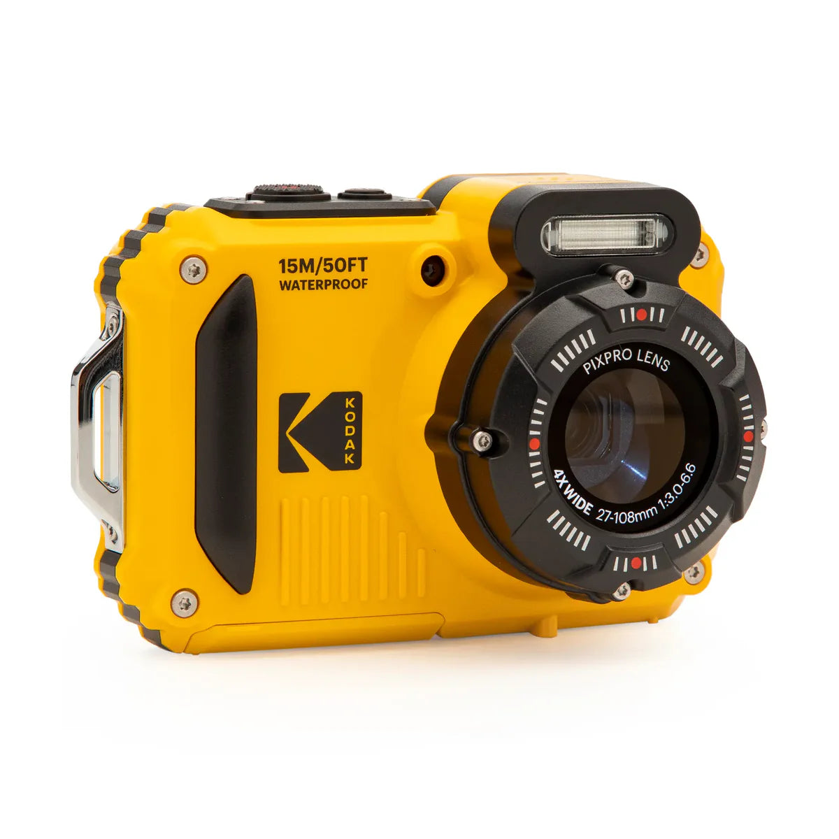 A yellow and black waterproof action camera with a prominent black lens ring, shown on a clean white background. The camera features the Kodak logo and text indicating 15M/50FT waterproof capacity.
