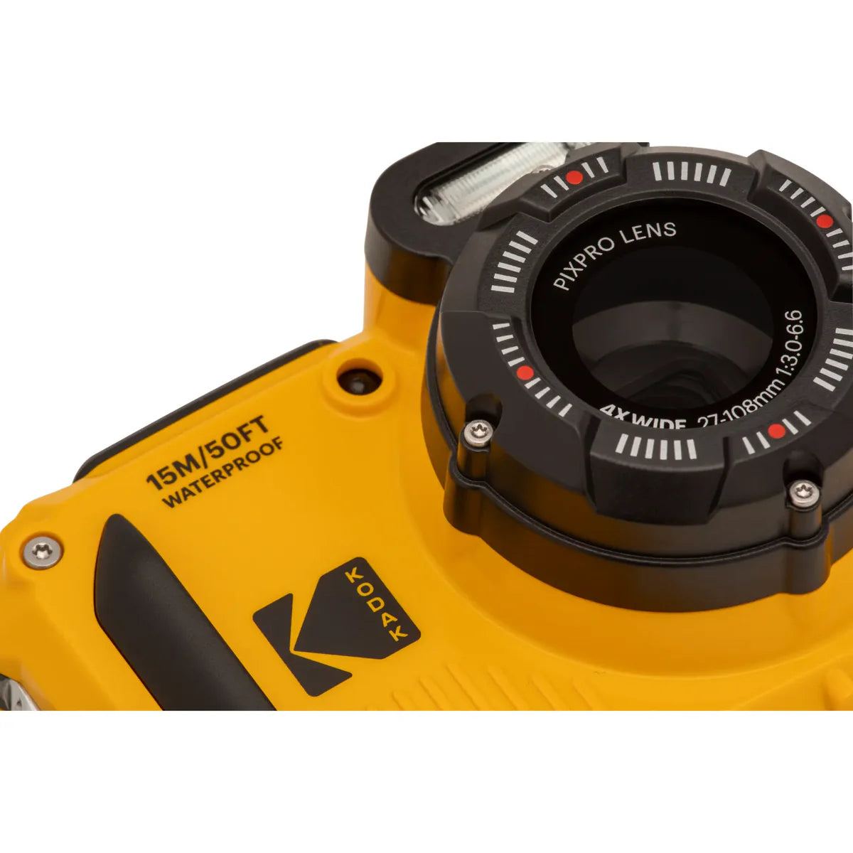 Close-up of a yellow and black waterproof camera body with a large black lens ring labeled 'PIX PRO LENS' and '15M/50FT WATERPROOF' on a white background.