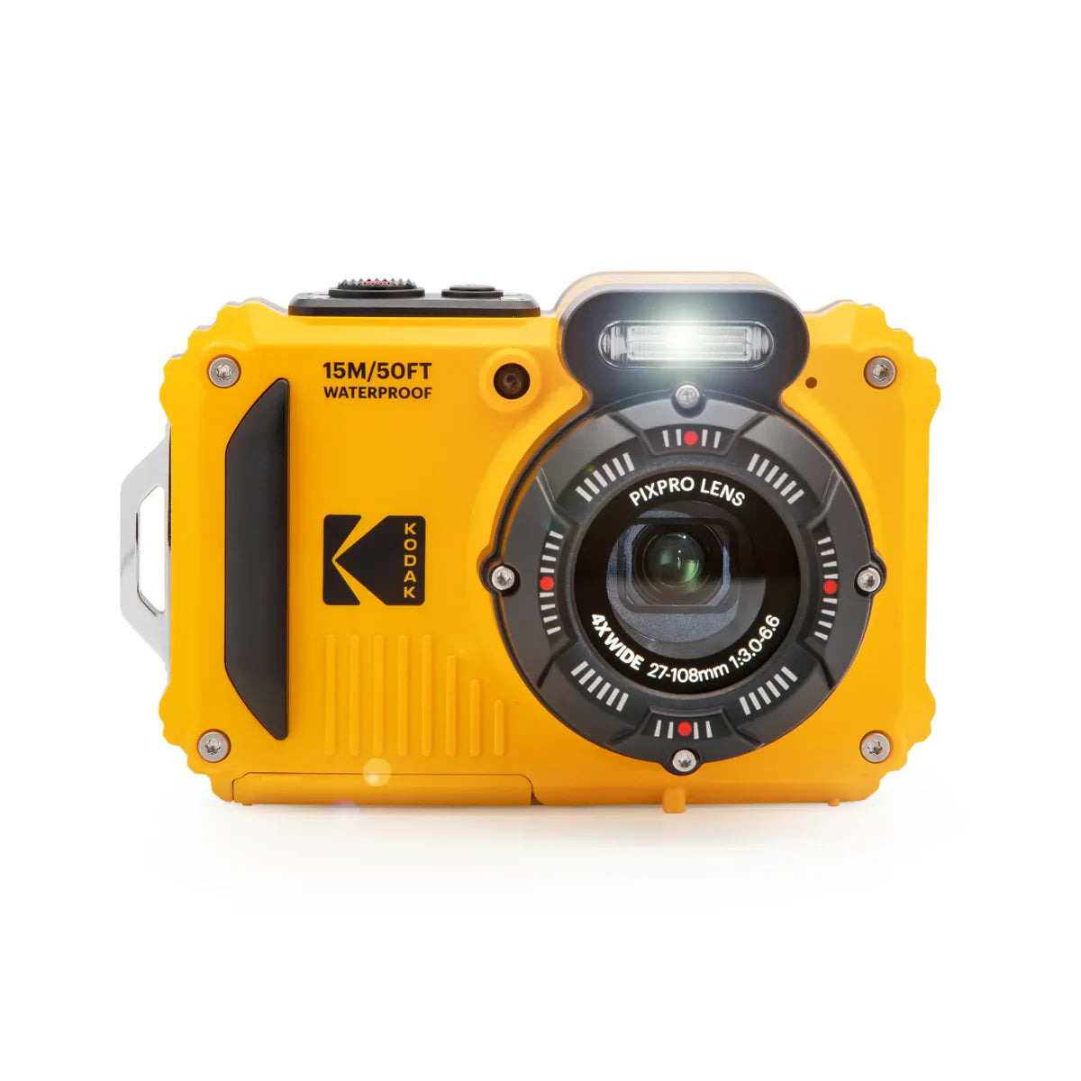 A yellow and black waterproof camera with a prominent circular lens protector and a visible Kodak logo on the front, shown against a plain white background.