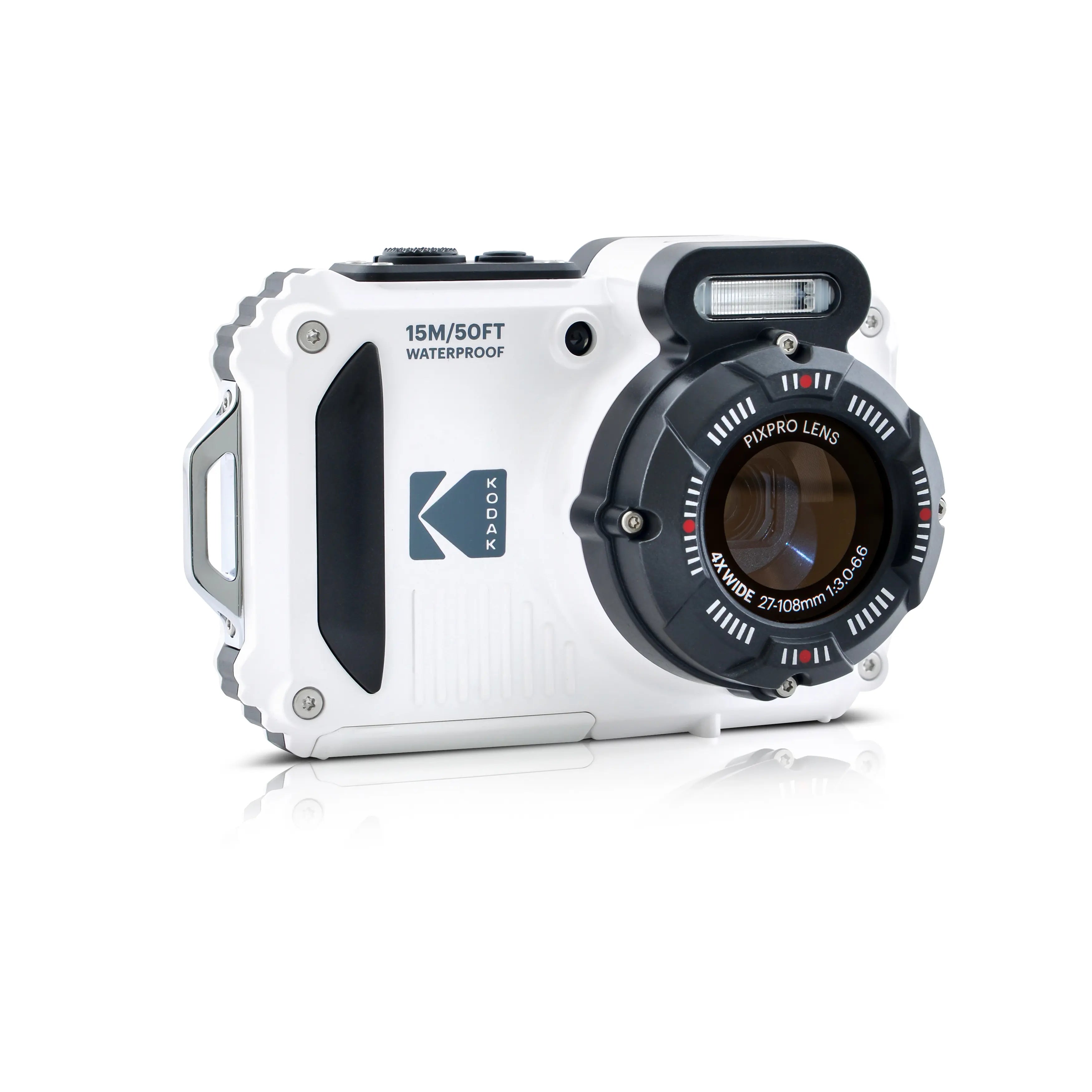White underwater camera with 'Kodak' branding on a white background