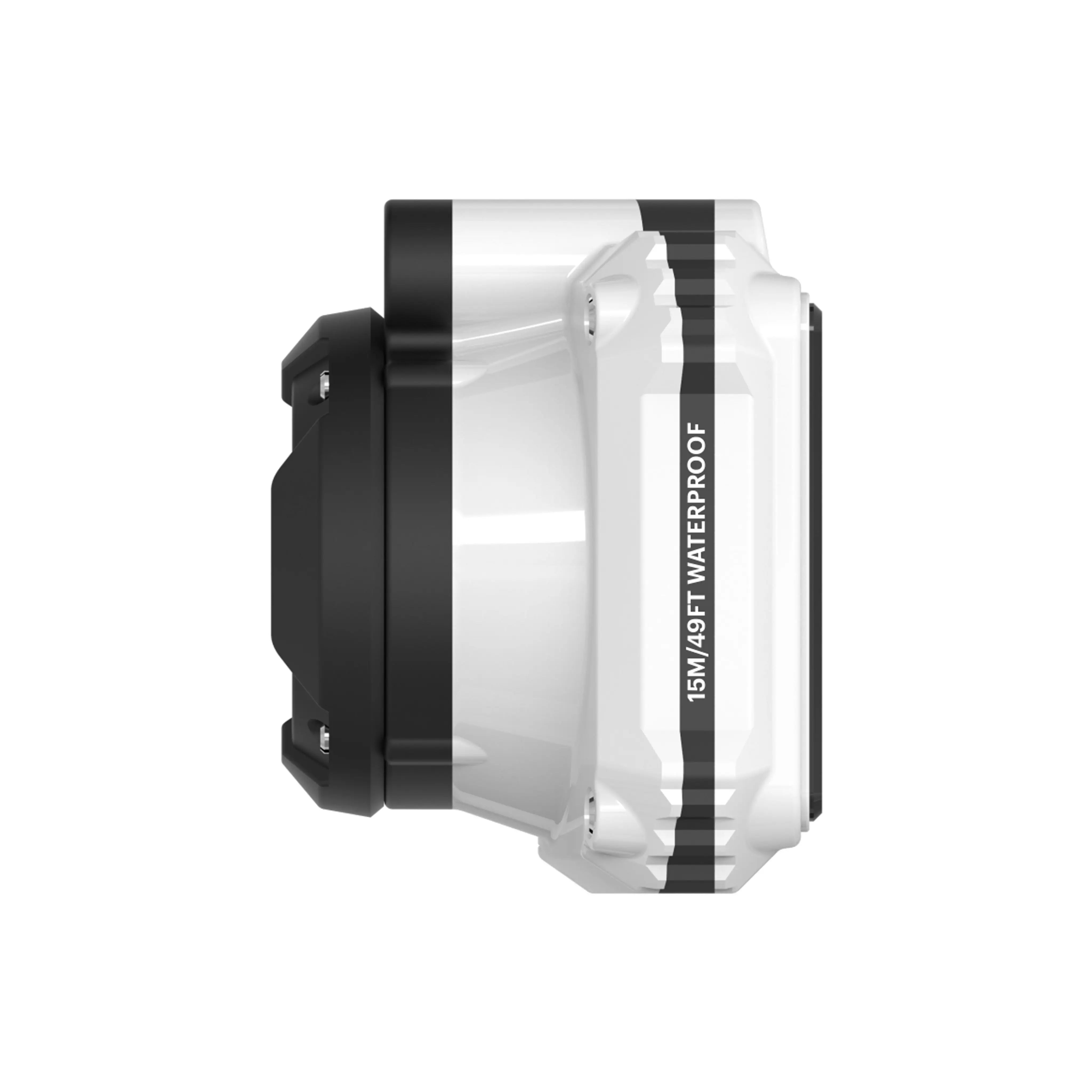 Clear and black underwater camera housing with '15M/49FT WATERPROOF' text on a white background