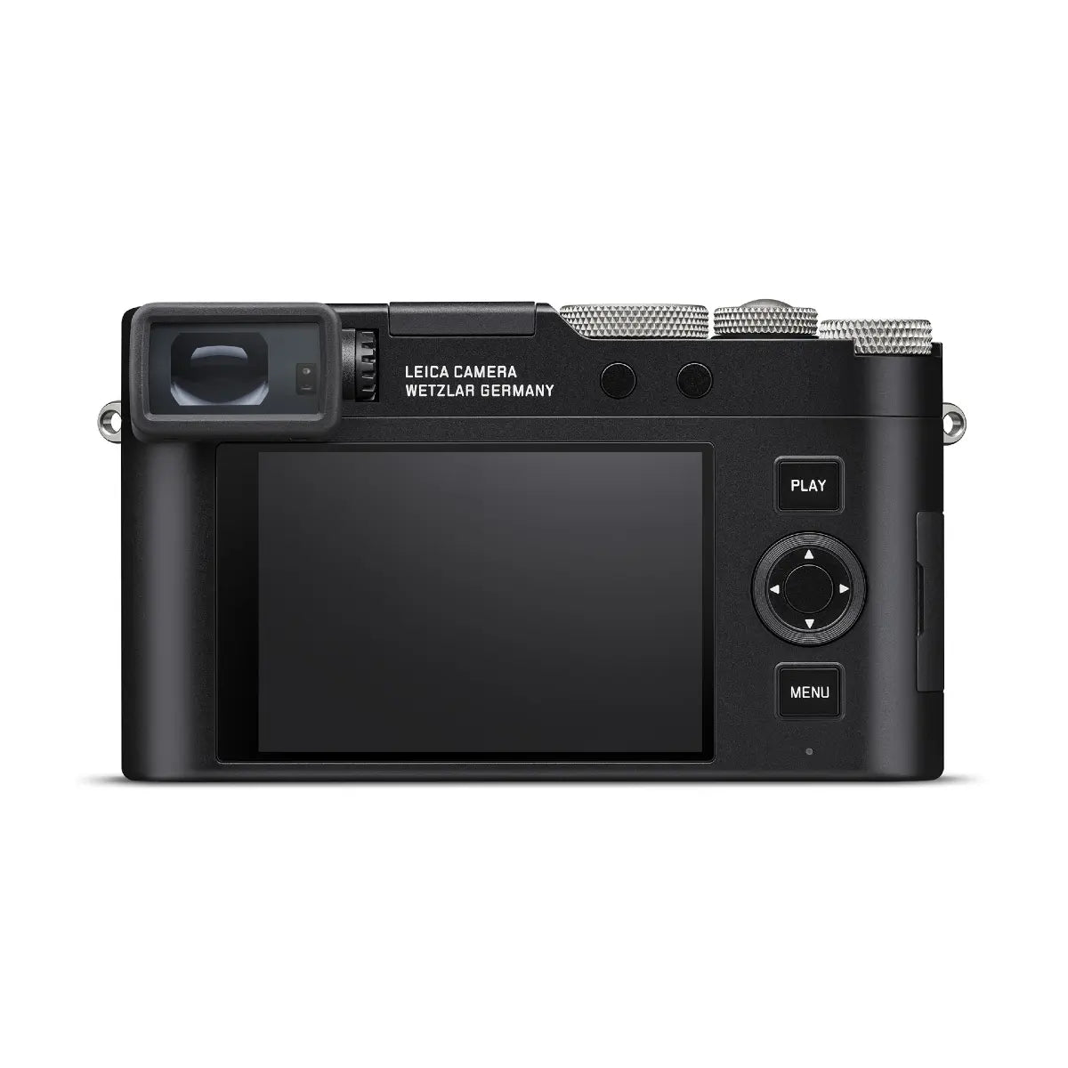 Black digital camera with Leica branding on a white background