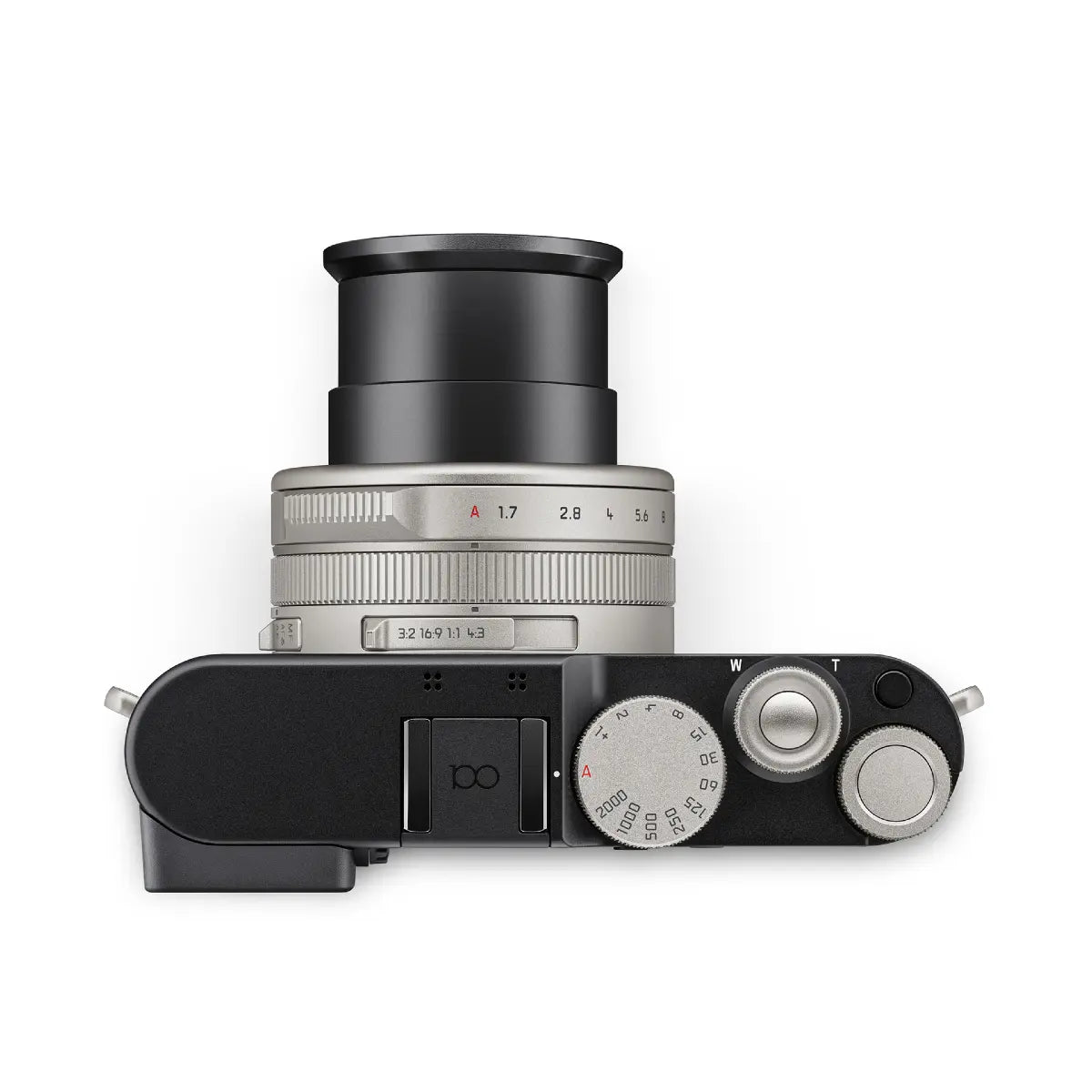 Top view of a camera with lens and control dials on a white background