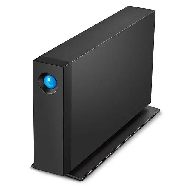 Black external hard drive with blue light on a white background