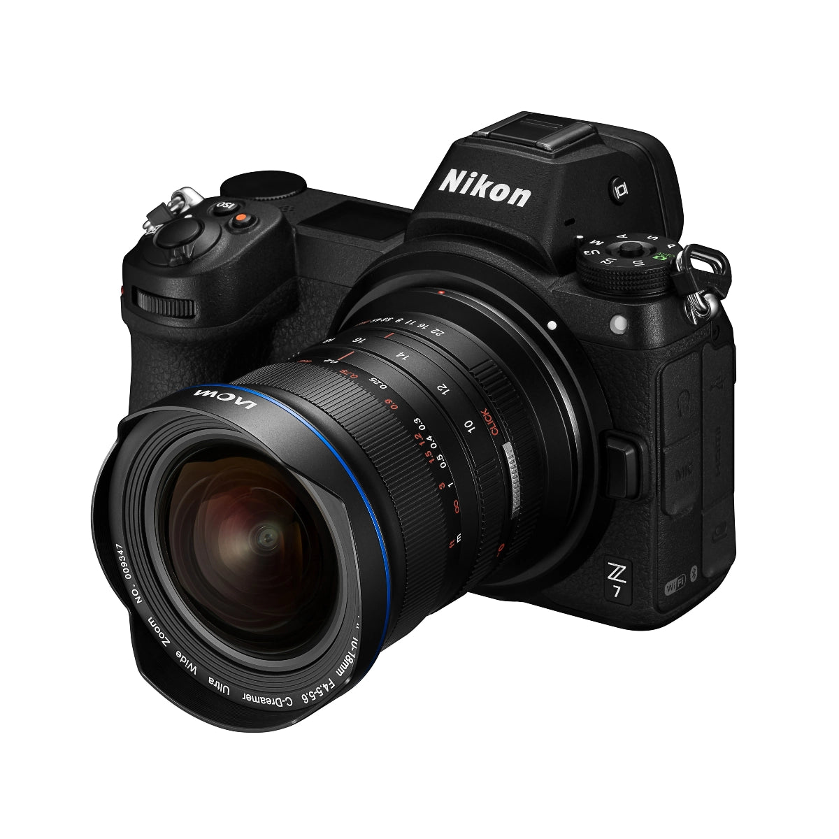 Laowa 10-18mm f4.5-5.6 Zoom Lens Nikon Z Mount side angle on camera